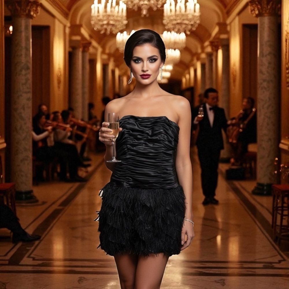 Le Chateau Strapless Black Ruched Feather Dress Size 12